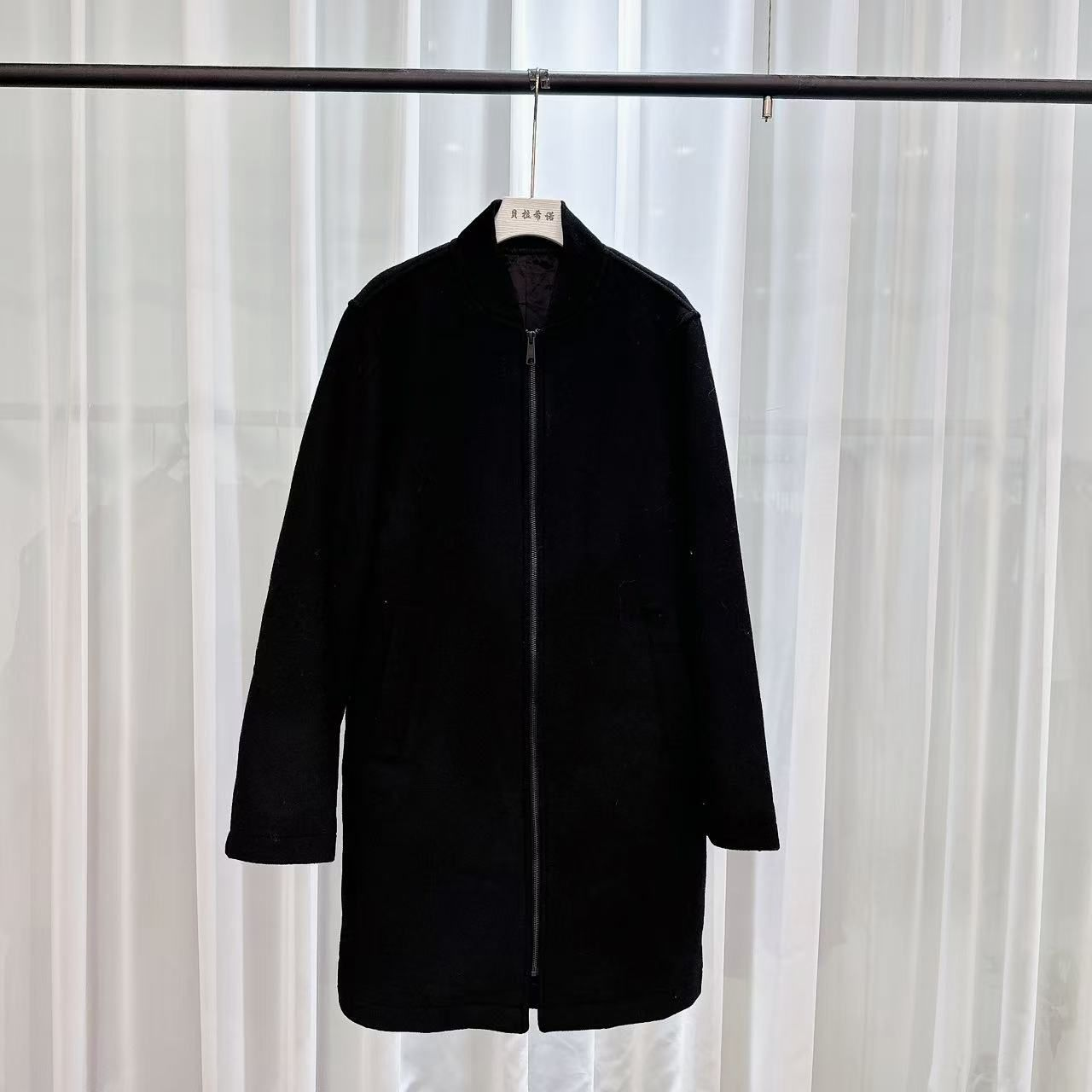 大衣288时尚休闲黑色羊绒连帽毛呢中长款翻领