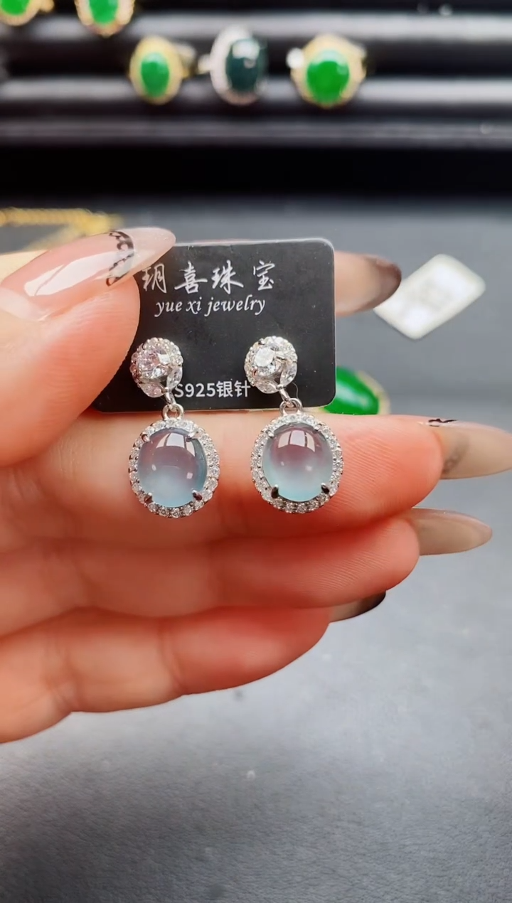 翡翠银S925镶嵌耳饰508050