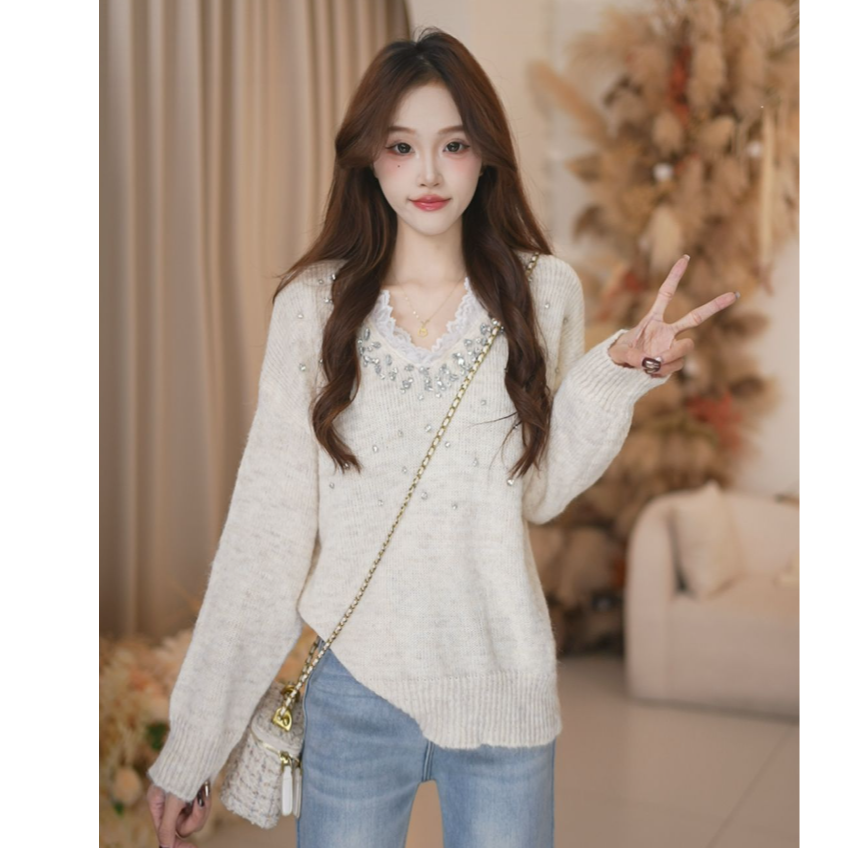 BasicHouse百家好秋冬百搭小众亮片蕾丝针织毛衣B1385B5D4L2