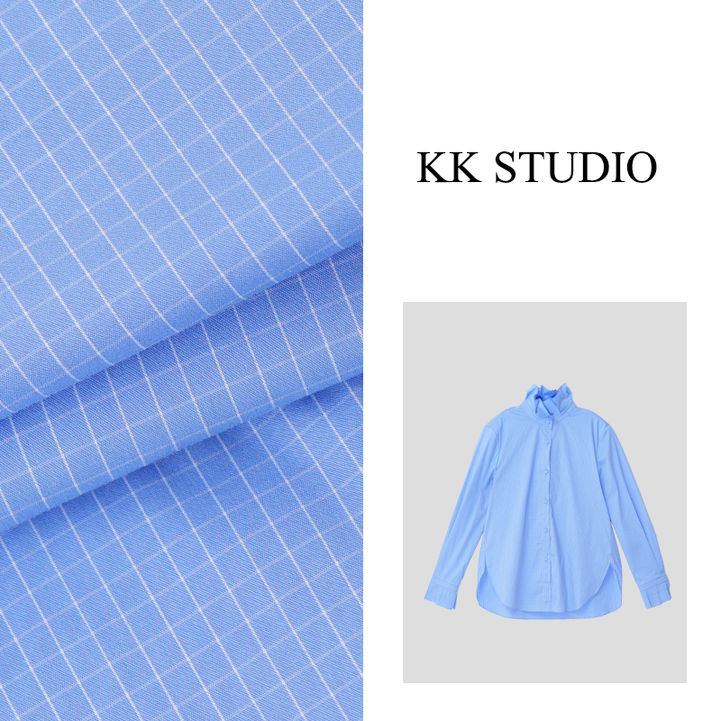 淇淇KK Studio秋季新款极简风长袖花苞荷叶领宽松蓝格衬衫9536