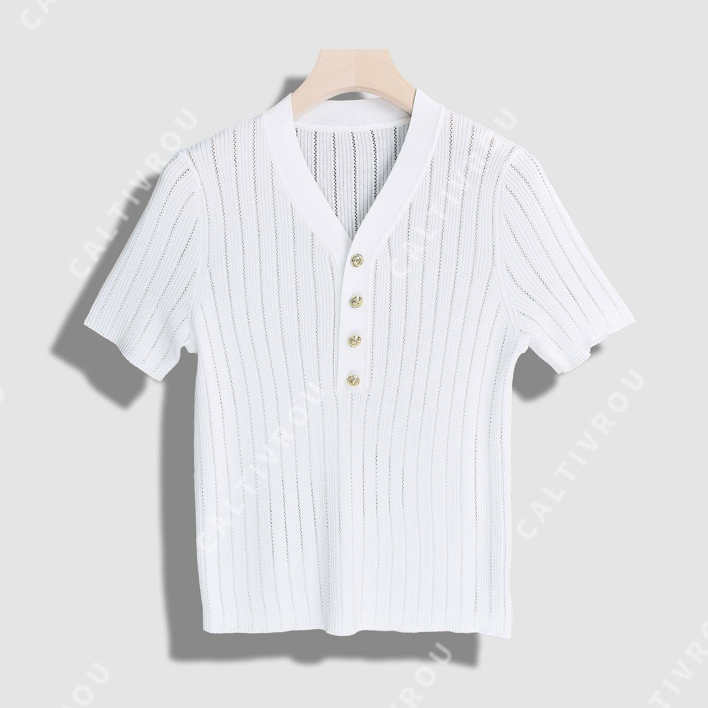 【荣荣】百搭时尚V领短袖针织衫-Y17260