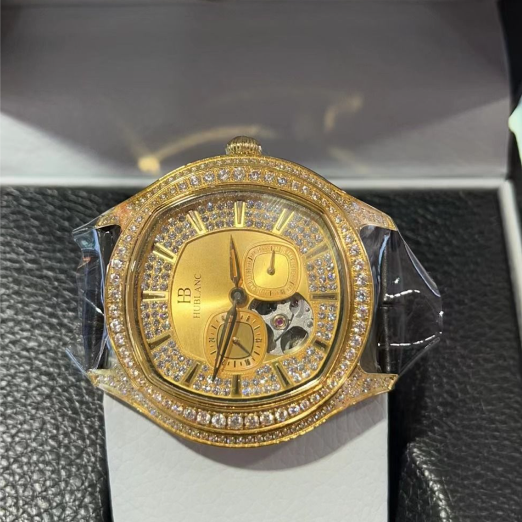 圆形金表黄金奢华镶嵌男士腕表高端进口机械机芯手表时尚金色镶钻