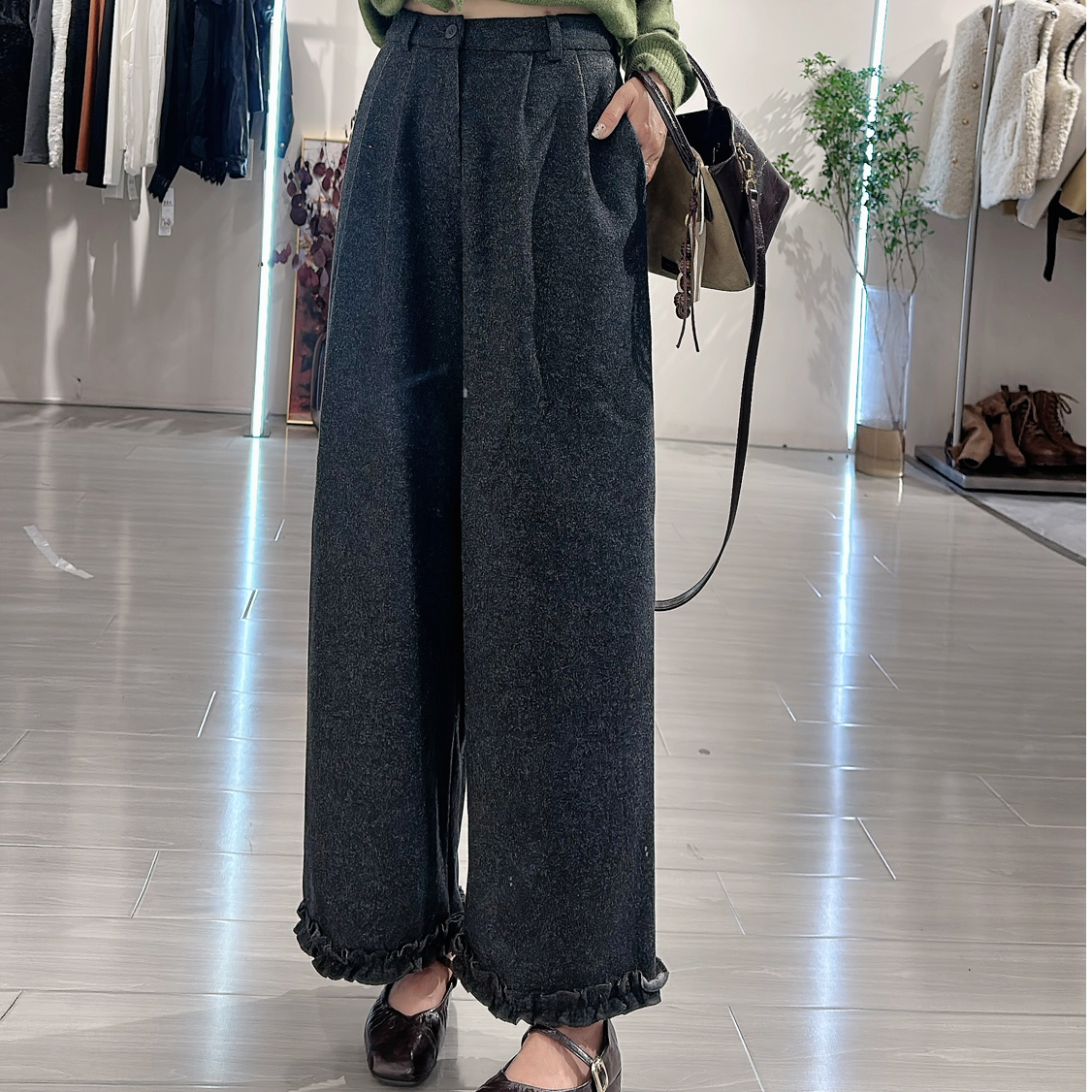 恰逢景梅子自留款冬季新款羊绒长裤休闲裤宽松垂感高腰九分花边裤