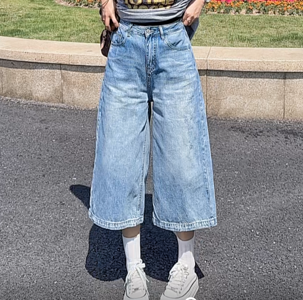 【郁儿严选】2025夏季新款美式复古百塔阔腿宽松休闲牛仔短裤
