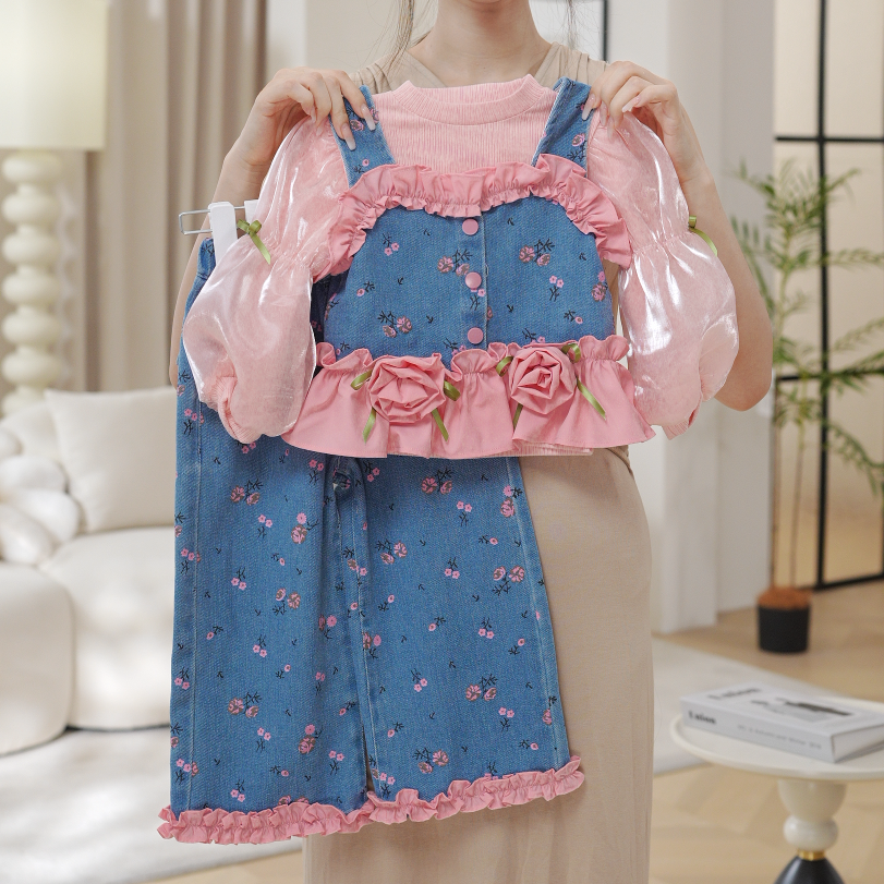 2025女童秋季新款马甲上衣泡泡袖打底衫裤子牛仔三件套QA30593