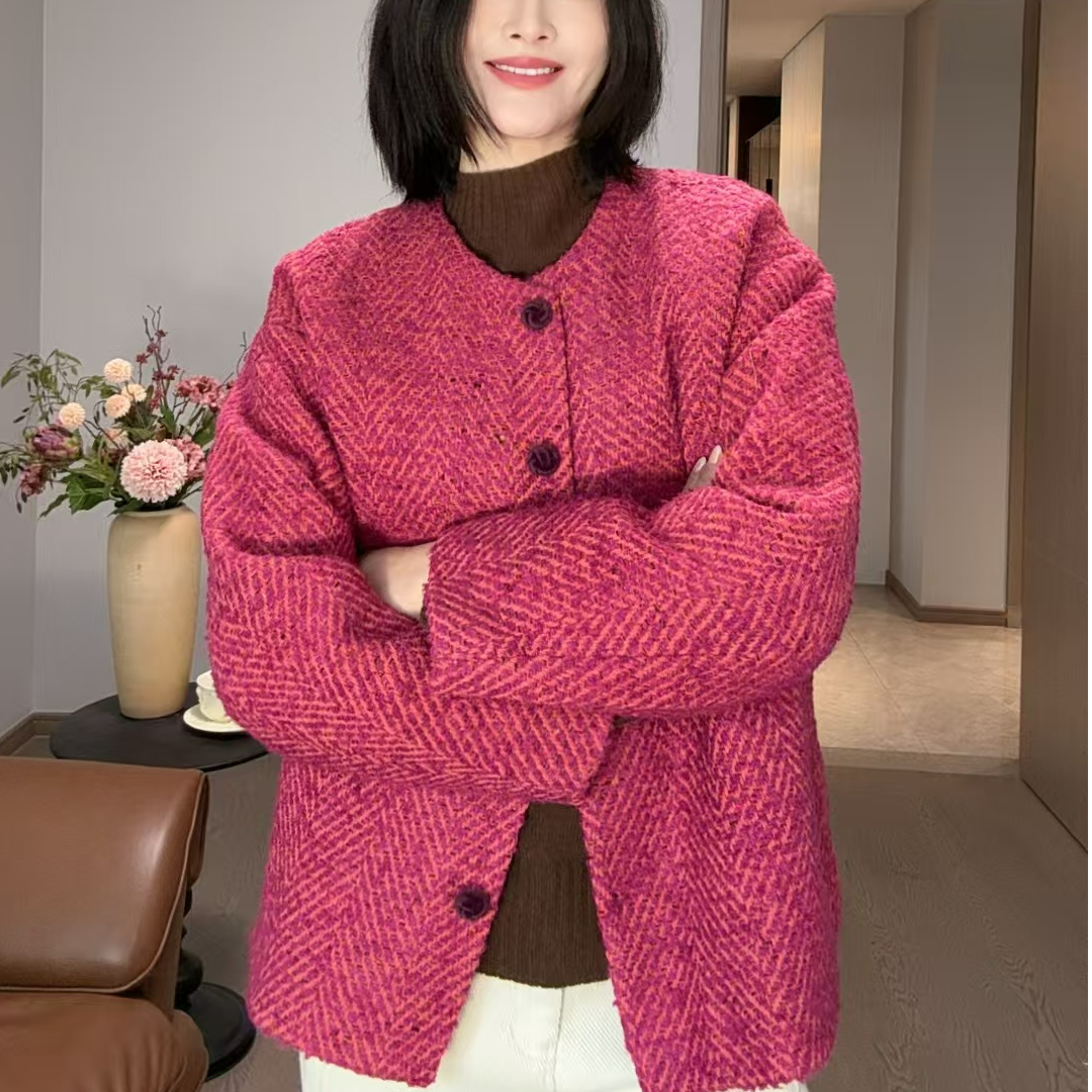 【森林莓果】小香风长袖宽松圆领95白鹅绒火龙果红休闲法式时尚百搭