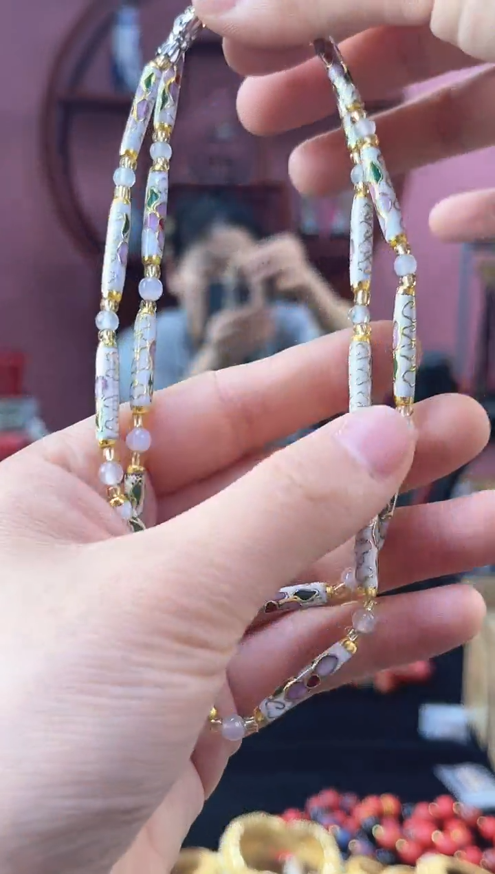 非遗 景泰蓝 项链 竹节 白色