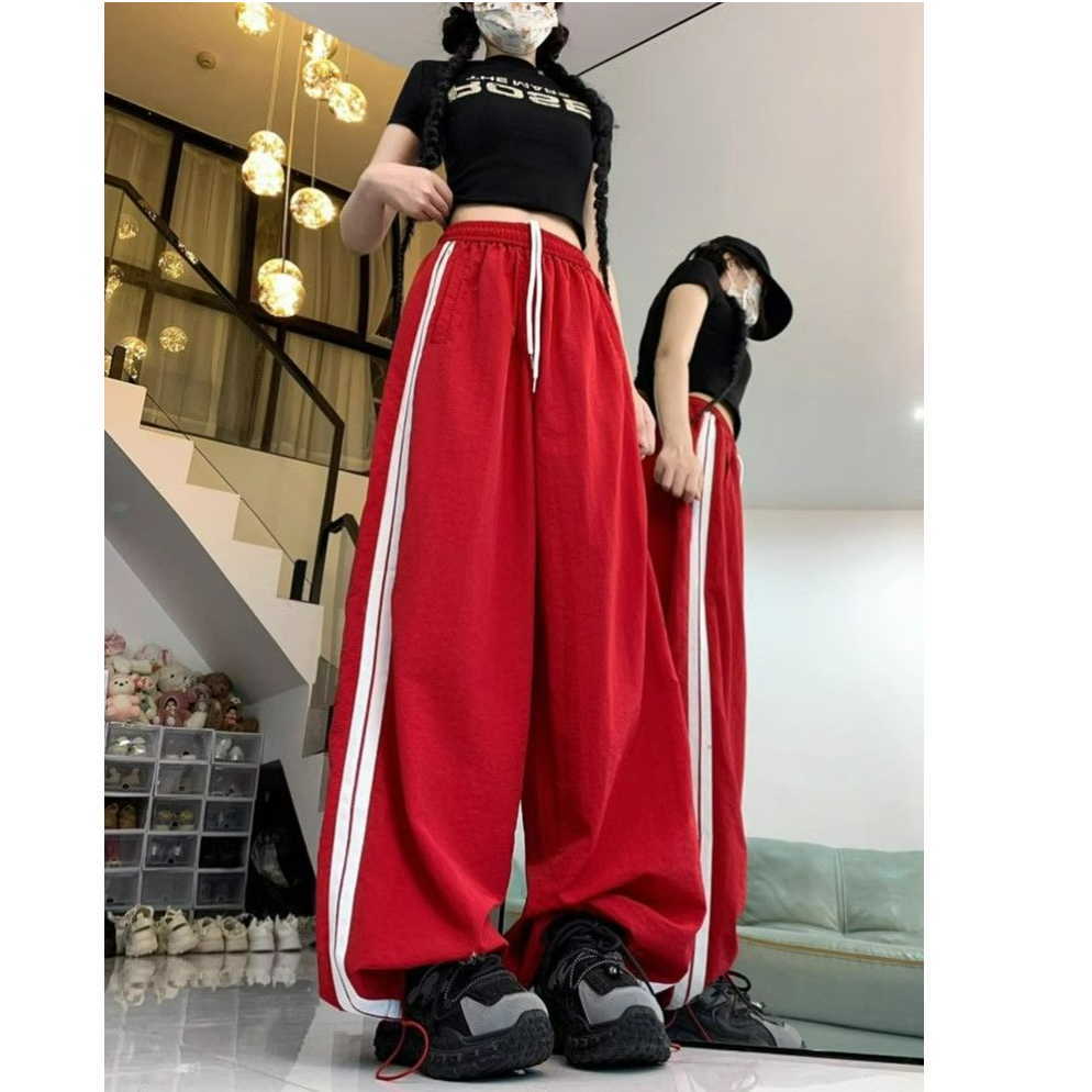 美式速干阔腿双杠休闲舞蹈运动裤女2025年夏季新款宽松降落伞兵裤