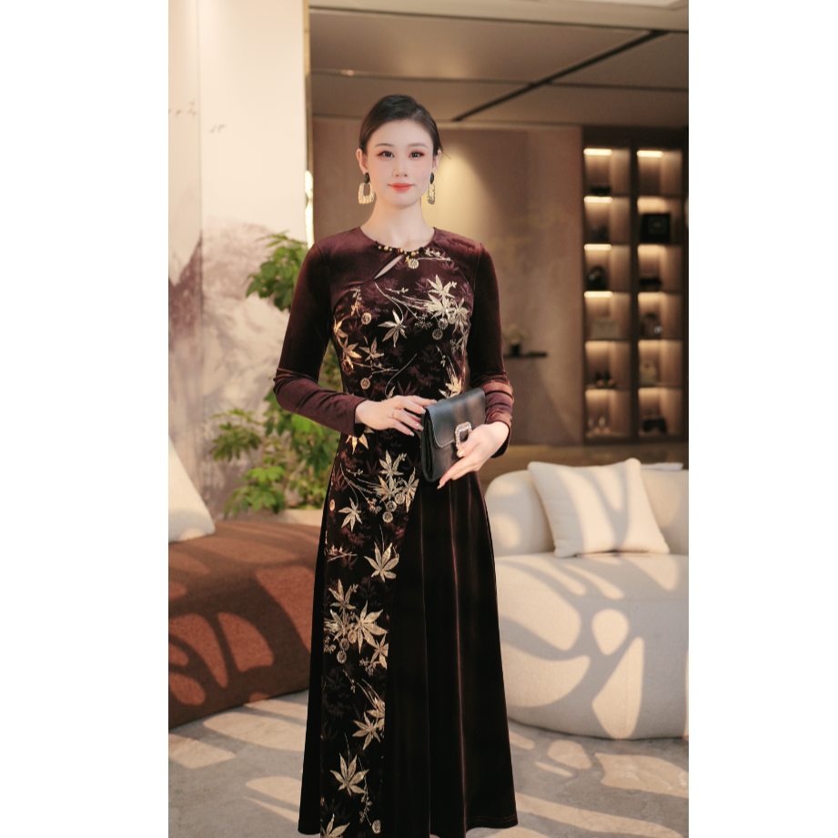 原创设计立领盘扣气质优雅收腰显瘦新中式改良连衣裙冬款25128