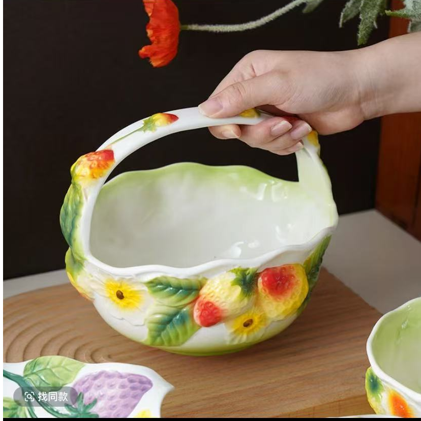 新款手绘陶瓷水果盘家用客厅茶几水果篮子手提篮高脚果盘