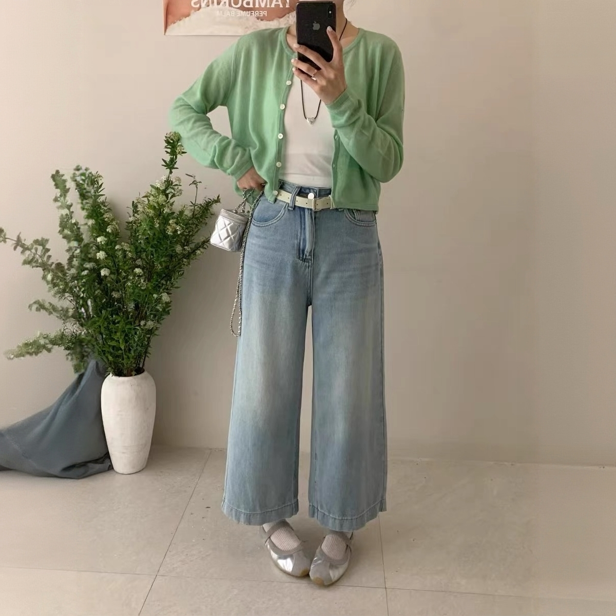 韩系阔腿蓝色牛仔裤高腰宽松直筒显瘦九分大码休闲水洗长款裤子