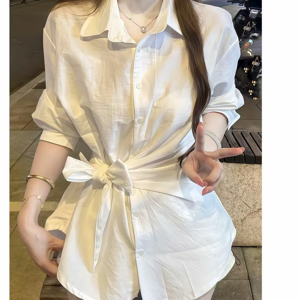 法式不规则绑带收腰翻领长袖衬衫女秋季新款小个子独特绝美上衣