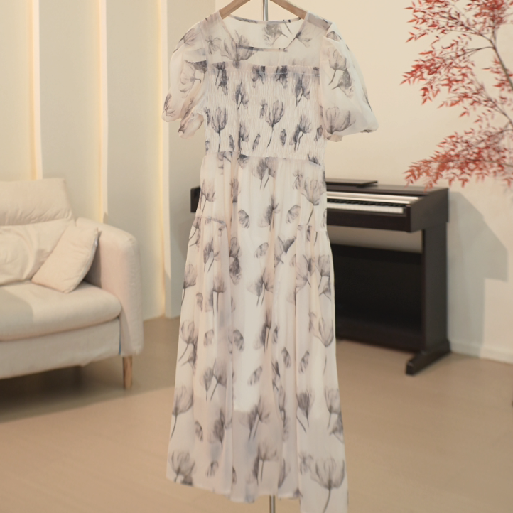 D253 抽褶显瘦长款水墨印染连衣裙女 79351