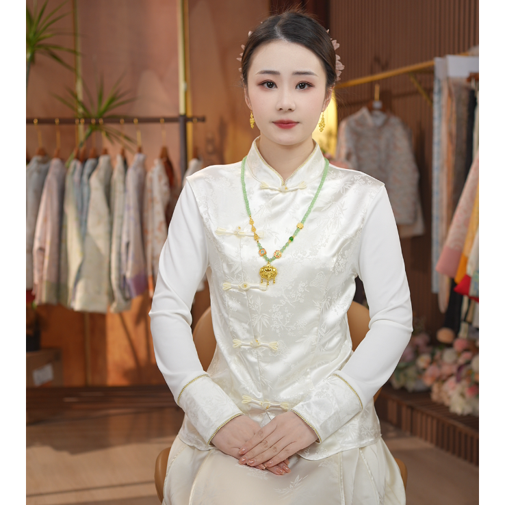 清《夕云秀竹 -衬衫》新中式提花复古国风休闲收腰百搭气质衬衫