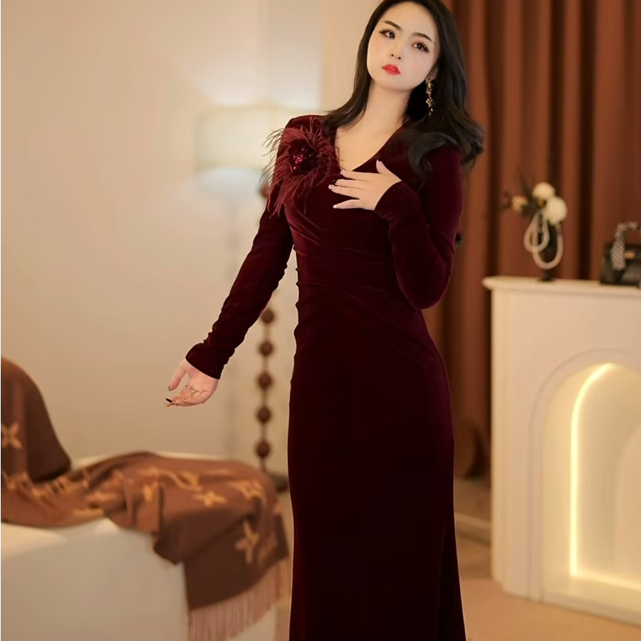 【云朵】贵族晚宴秋季新款法式气质收腰显瘦鱼尾连衣裙-YL12003