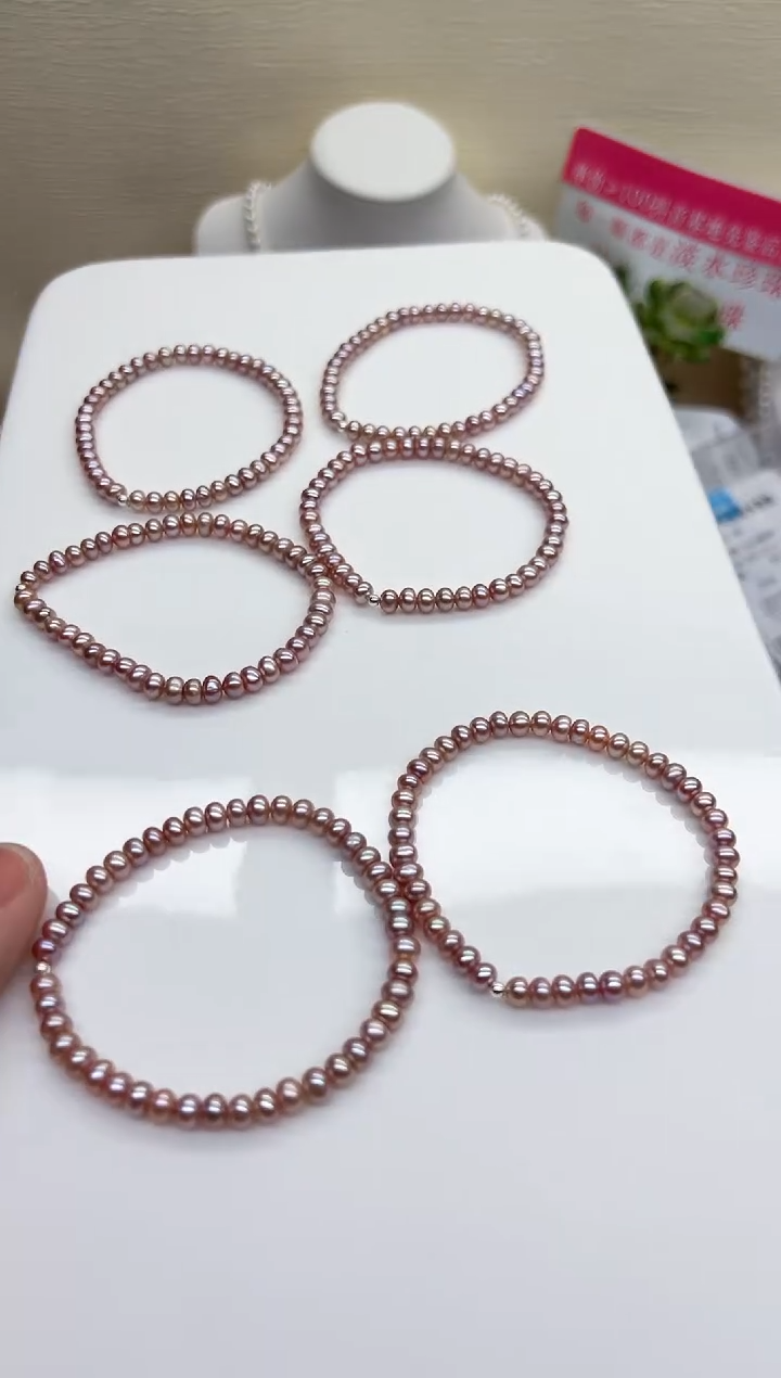 银S925镶嵌手链淡水珍珠紫色馒头珠4.5mm