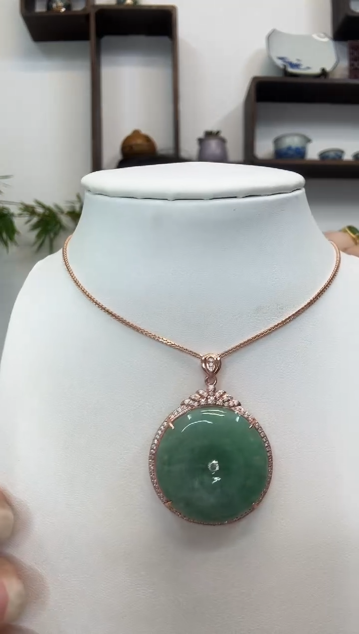 吊坠(赠链)银S925镶嵌翡翠平安扣玫瑰边