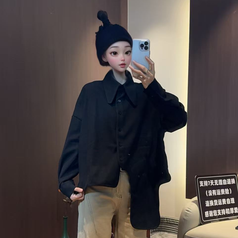【文乐乐】秋冬新款韩版个性不规则底边时尚休闲潮流洋气衬衫9581