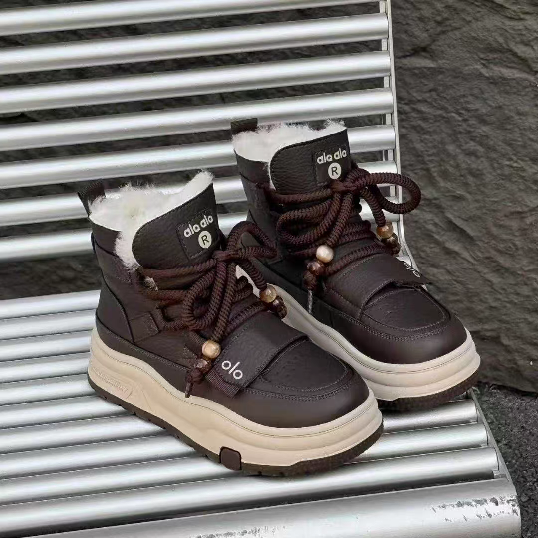 Y大码女靴40-43短靴厚底高帮系带羊毛口大棉鞋保暖防滑厚棉靴2028