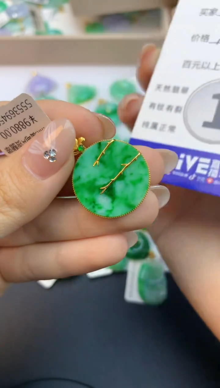 颈饰18K金镶嵌翡翠天然缅甸a货翡翠百元以上9元证书费自理