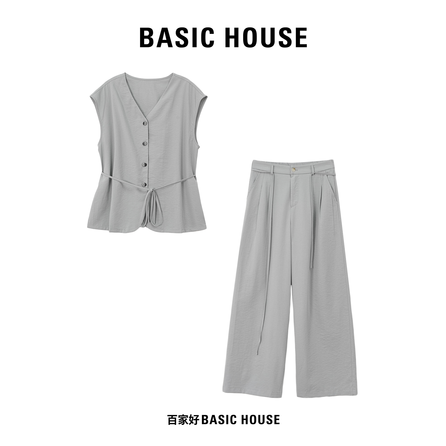Basic House/百家好2025新款肩袖显瘦单排扣抽绳百搭套装8332 XY