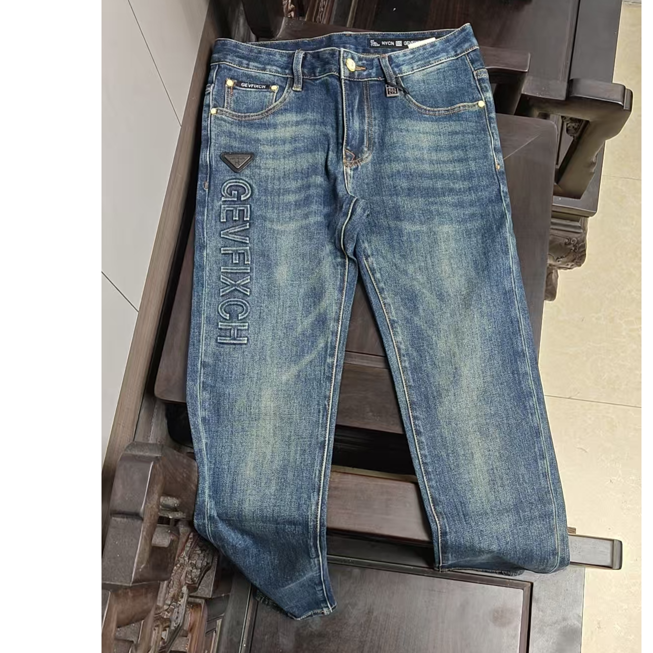 男士欧货牛仔裤秋冬厚款深蓝色修身小直筒