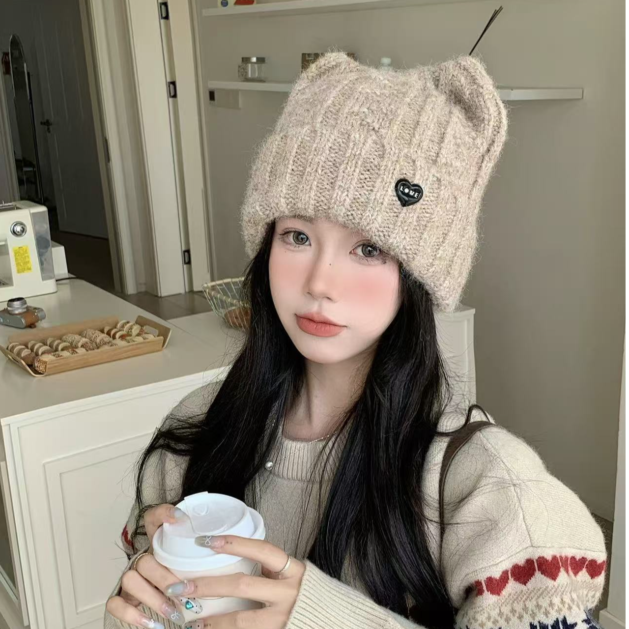 【D14】爱心小猫耳针织保暖护耳帽