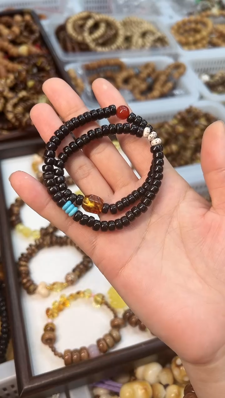 琥珀吊坠(赠链)未镶嵌diy黑金椰蒂 设计款 双圈叠戴 