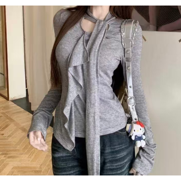 （小酥肉）秋季新款荷叶边飘带长袖T恤女设计感修身显瘦上衣8998