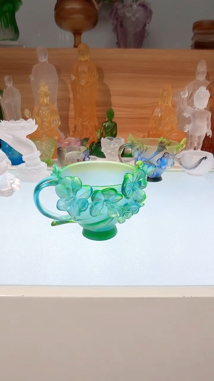 手工艺品琉璃w**赢彩绿色花杯