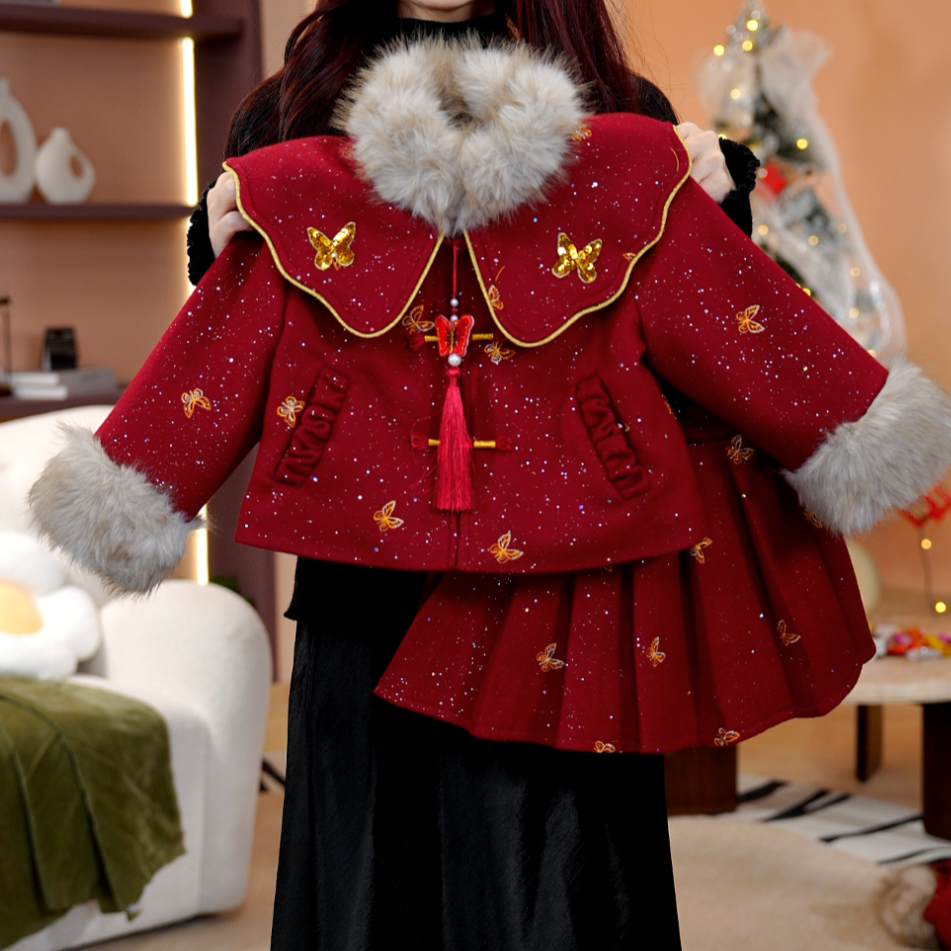 【梦蝶】女童秋冬长袖裙子加绒加厚国风女孩呢子新中式套装DS20113