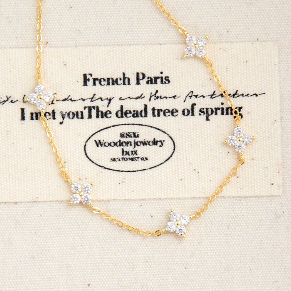 925银手链 镀K金镶钻四叶草满天星小众高级夏天百搭轻奢首饰女款