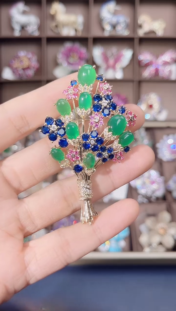 锆石铜合金蓝绿花束胸针