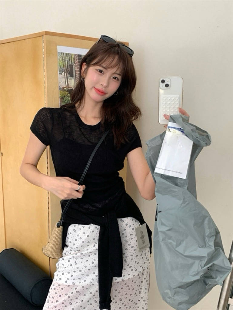 夏季韩版天丝亚麻简约百搭气质圆领微透休闲针织上衣女