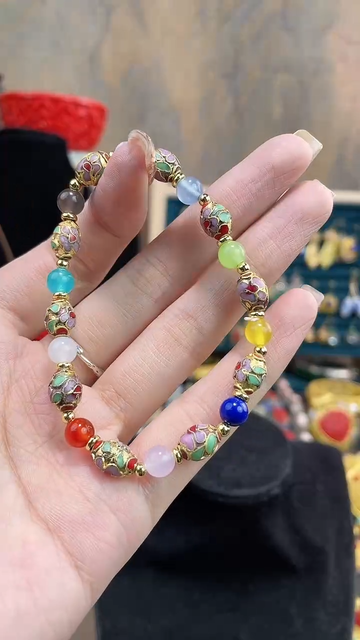 非遗手工景泰蓝金地枣珠小手串
