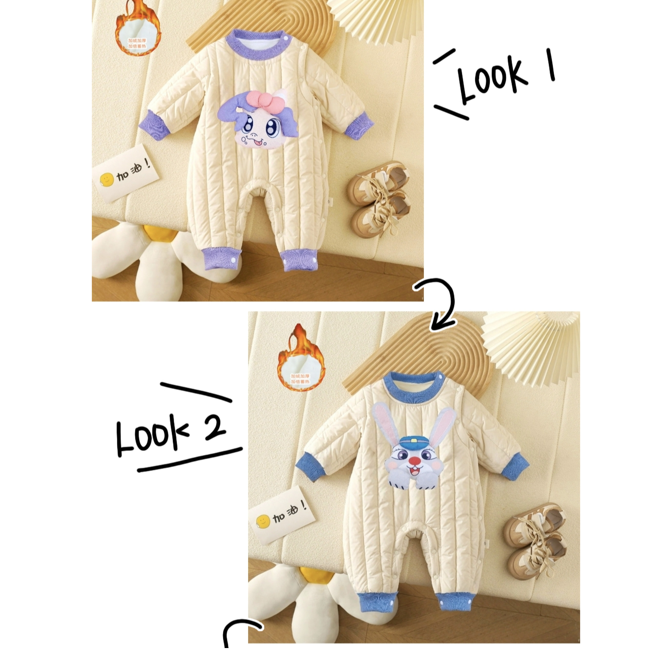 秋冬新款婴儿舒适绗棉连体衣卡通小马小兔保暖加绒加厚哈衣D05
