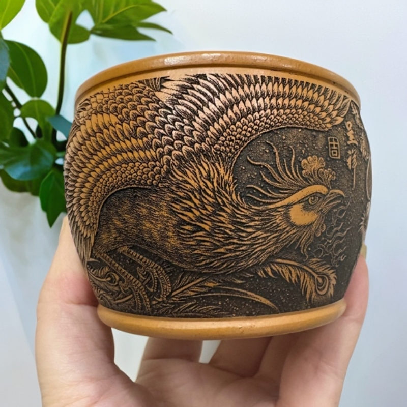 宜兴原矿紫砂葵黄朱泥全手工刻绘龙凤呈祥主人杯高端品茗杯