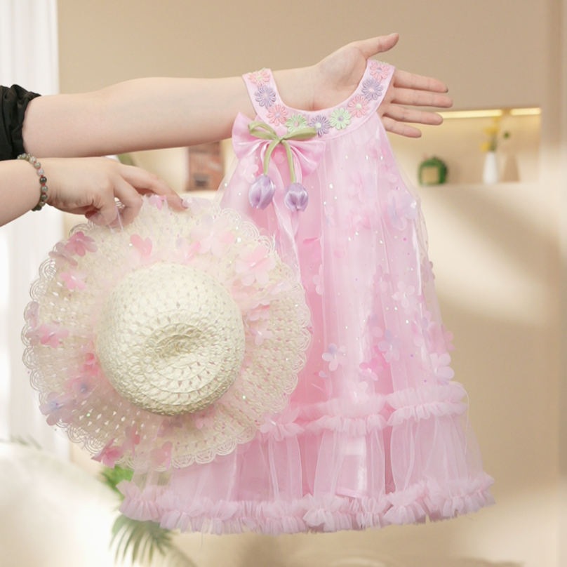 女童无袖挂脖可爱花朵粉色夏季童装套装薄款连衣裙SL0268