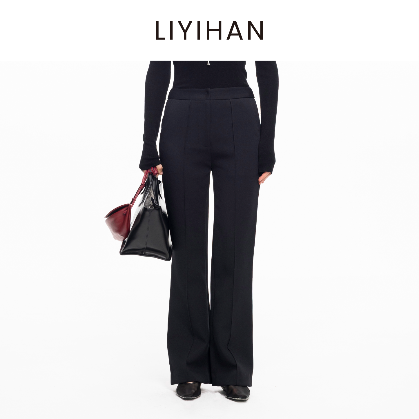 LIYIHAN 2025秋冬新款法式通勤喇叭裤黑色女显瘦休闲裤小众设计感
