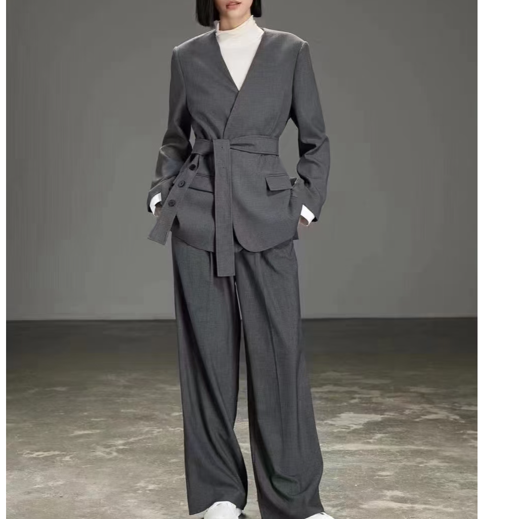 黑色灰色女士西装阔版套装简约系扣腰带松弛个性穿搭24355