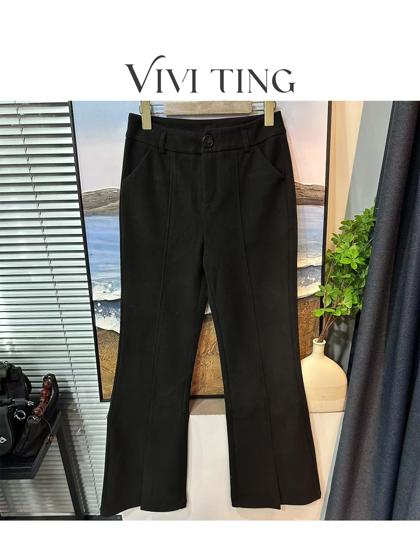 【VIVI·TING】婷姐推荐时尚设计款前缝一粒黑色下开叉喇叭裤F557