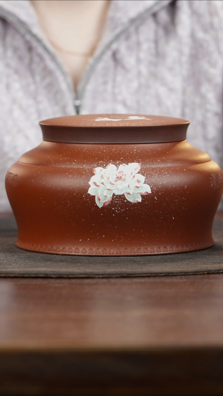 【闪购商品】紫砂茶叶罐平盖朱泥泥绘荷花茶叶罐