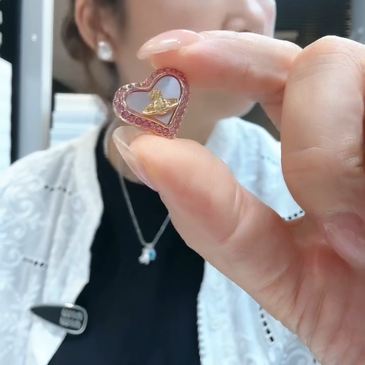 铜合金贝壳耳饰 925银针气质光面微镶粉贝土星爱心耳钉AAA