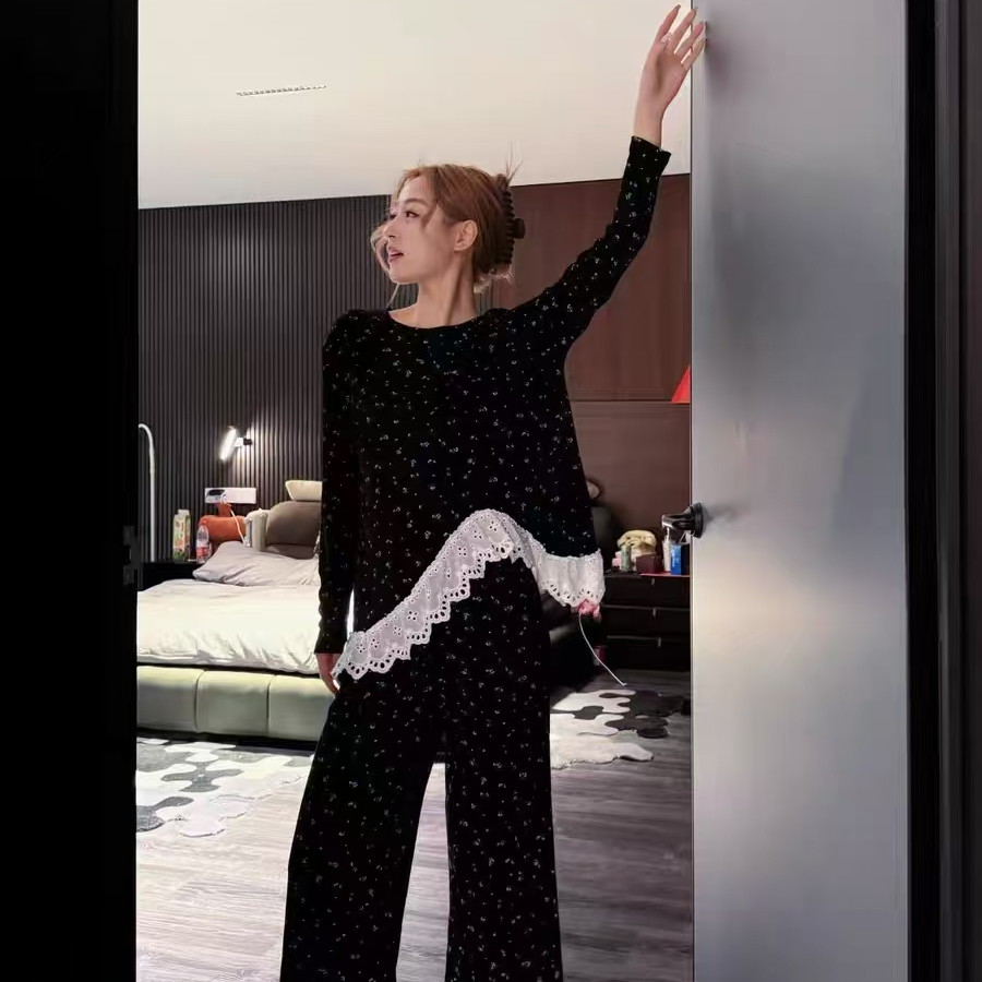 套头碎花透气皮筋睡衣黑色显瘦休闲提花家居服小香风长袖套装