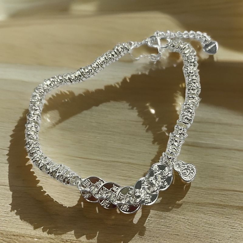 足银脚链 民族风五帝币唐草纹葫芦脚链