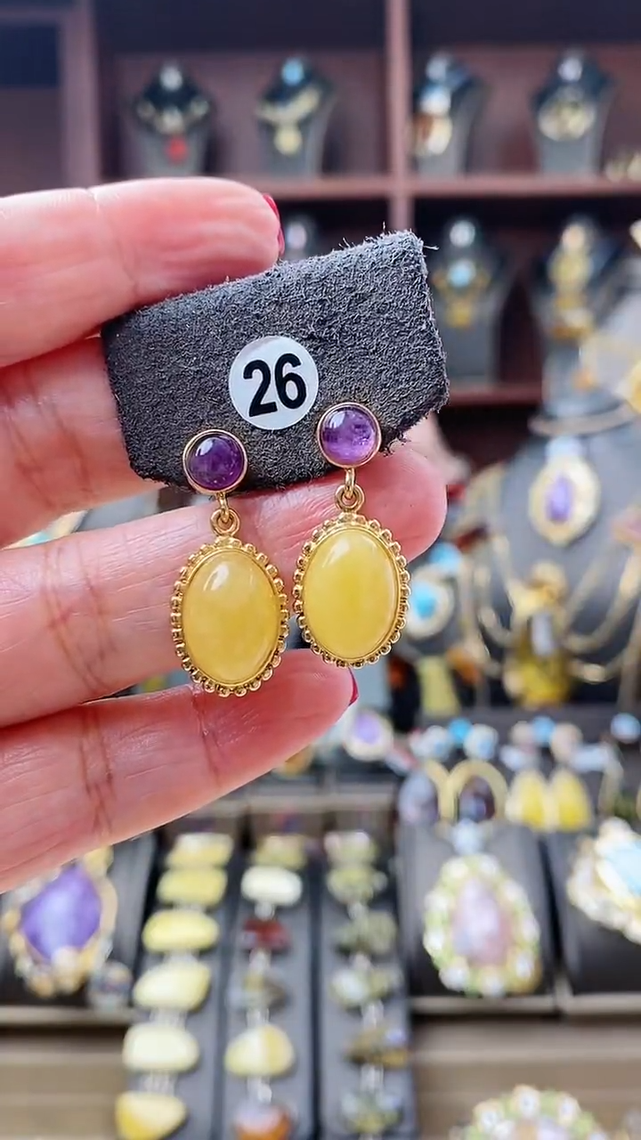 【闪购商品】琥珀耳饰银S925镶嵌耳环