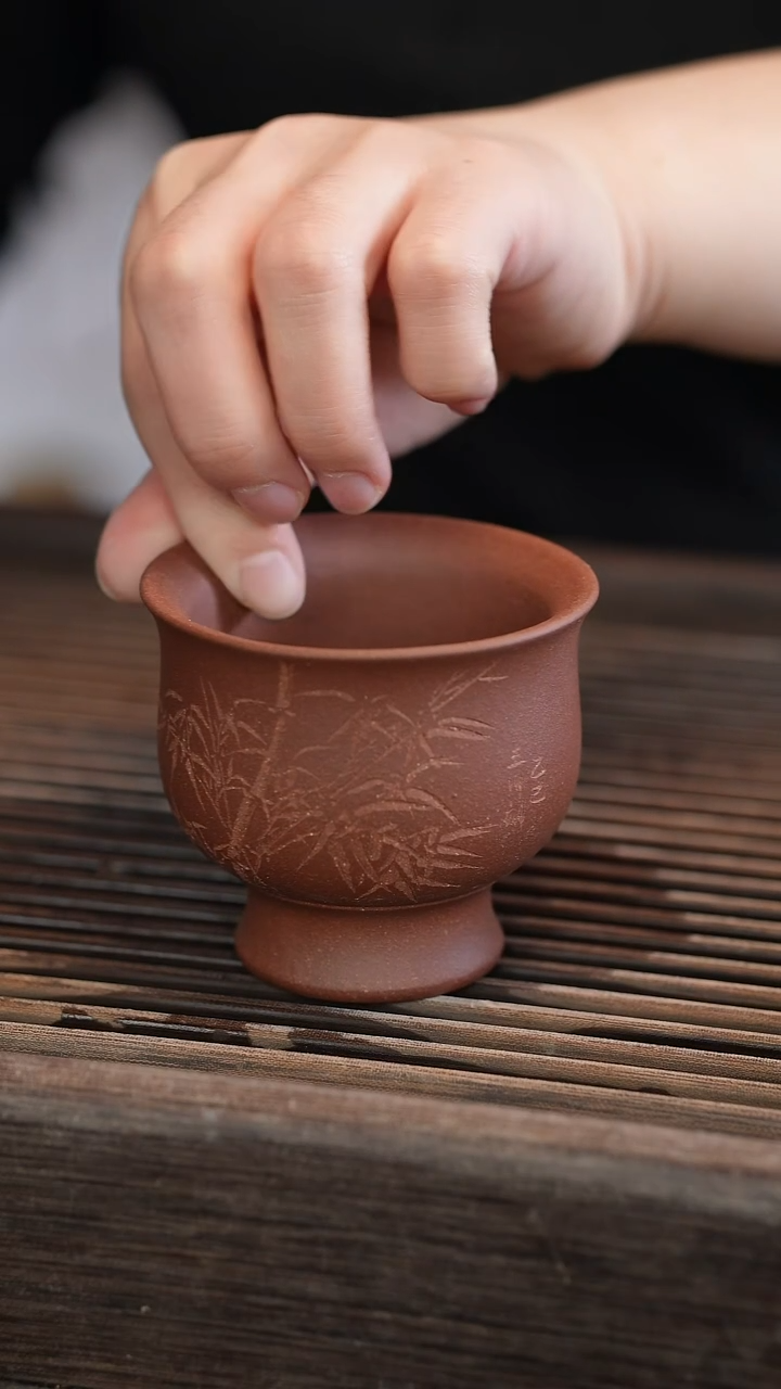 茶壶紫砂雕刻竹子高脚杯120cc