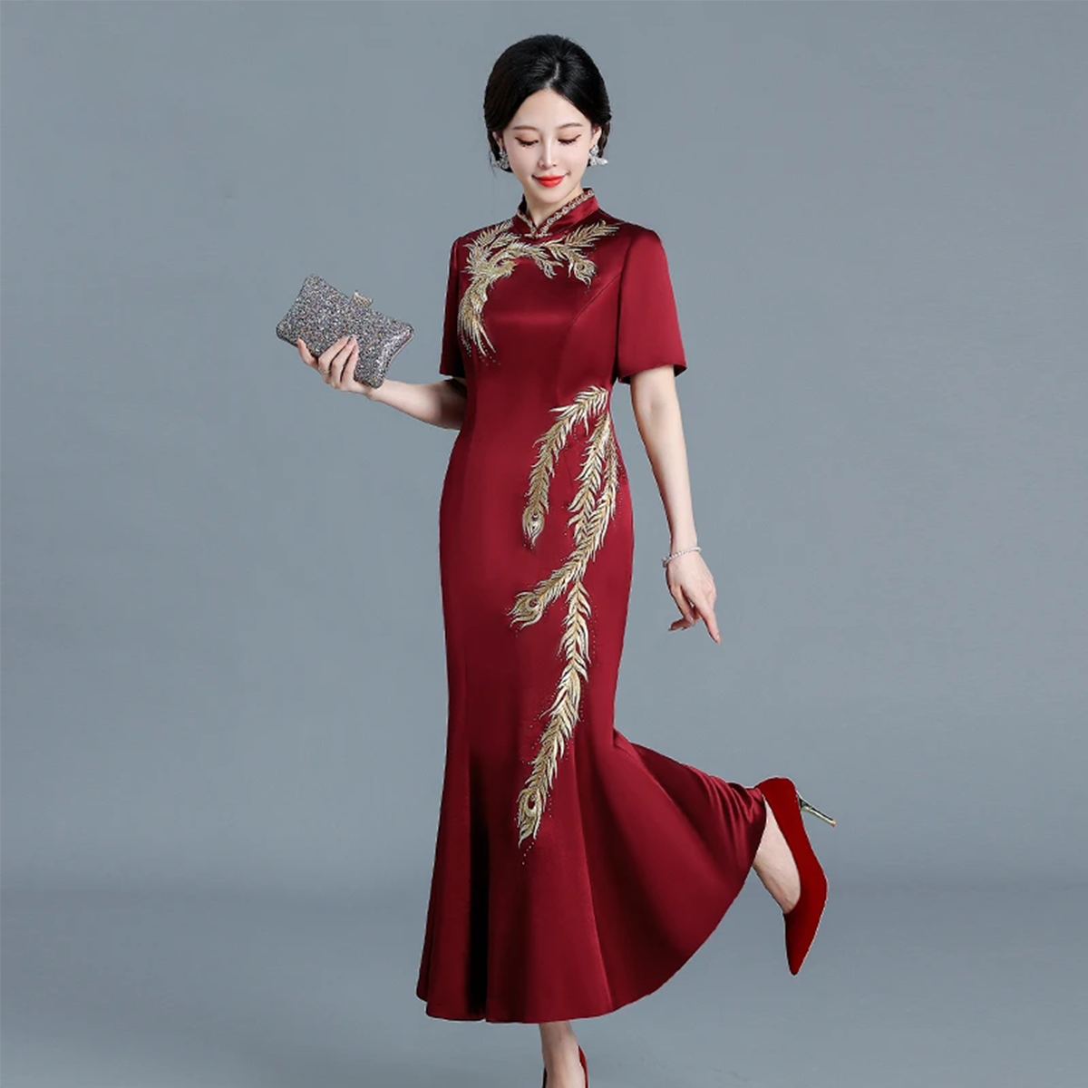 12-喜婆婆2025新款妈妈秋装婚宴礼服旗袍中年结婚婚礼喜服连衣裙