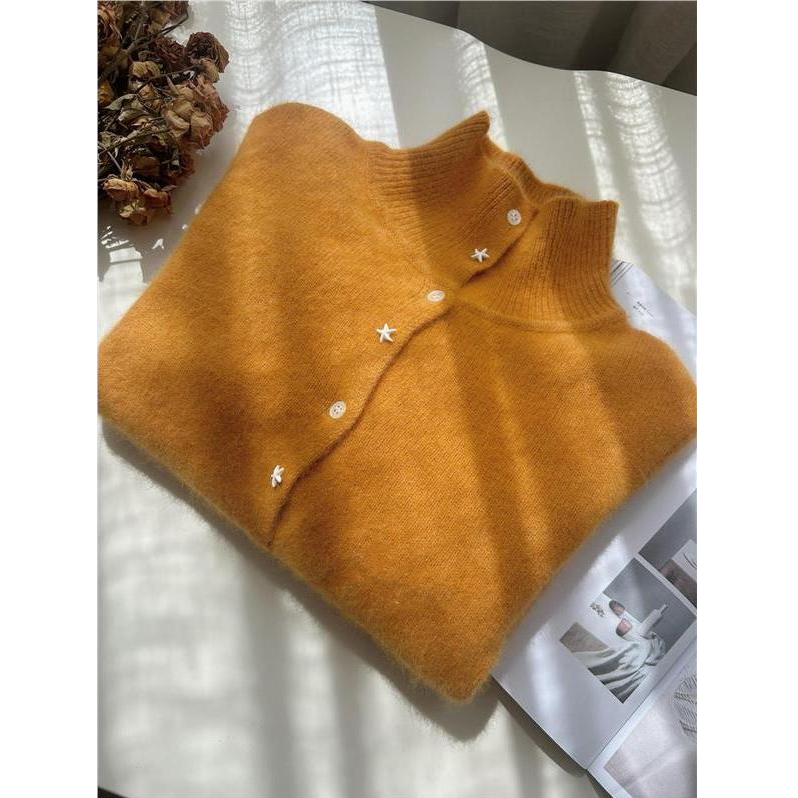 2025时尚女两穿巨显白橘色立领小海星扣羊毛针织显瘦开衫毛衣外套