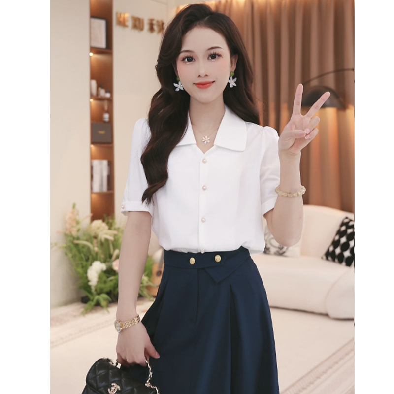 2025夏季新款法式缎面短袖白色衬衫女复古宽松洋气上衣TU28105